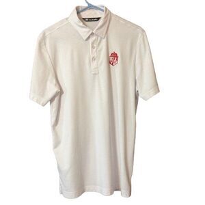 Travis Matthew White Polo Golf Shirt Sz Lg Embroidered The Running of the Bulls